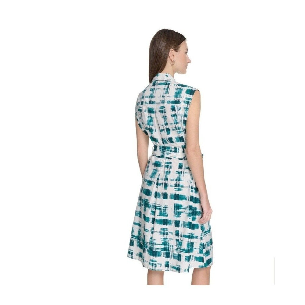 NEW ANDREW MARC WOMENS BELTED SHIRT DRESS SIZE 10 Green White Button Up - Picture 11 of 12